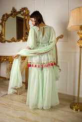 Pista Green Partywear Floral Embroidered Georgette Palazzo Suit With Dupatta